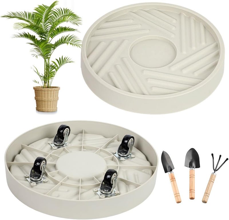 UoeRing 1 Pcs Plant Caddy with Wheels 12 Inch Hidden Wheels Heavy Duty Rolling Plant Stand, Indoor Outdoor Plant Saucer Tray with $9.9 Garden Tools (Beige) - Image 1